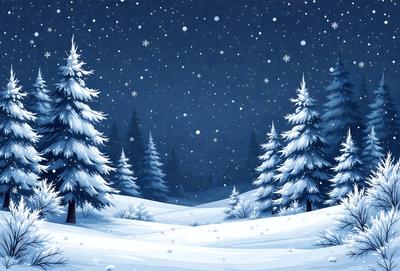 The primary subject of the image is a snowy landscape with a nighttime setting. The scene features a snow-covered hillside with a few trees, creating a serene and peaceful atmosphere. The visual style of the image is a digital art or illustration, with a focus on the snowy environment and the trees. The colors and mood of the image are predominantly blue and white, with the snow creating a sense of calmness and tranquility.